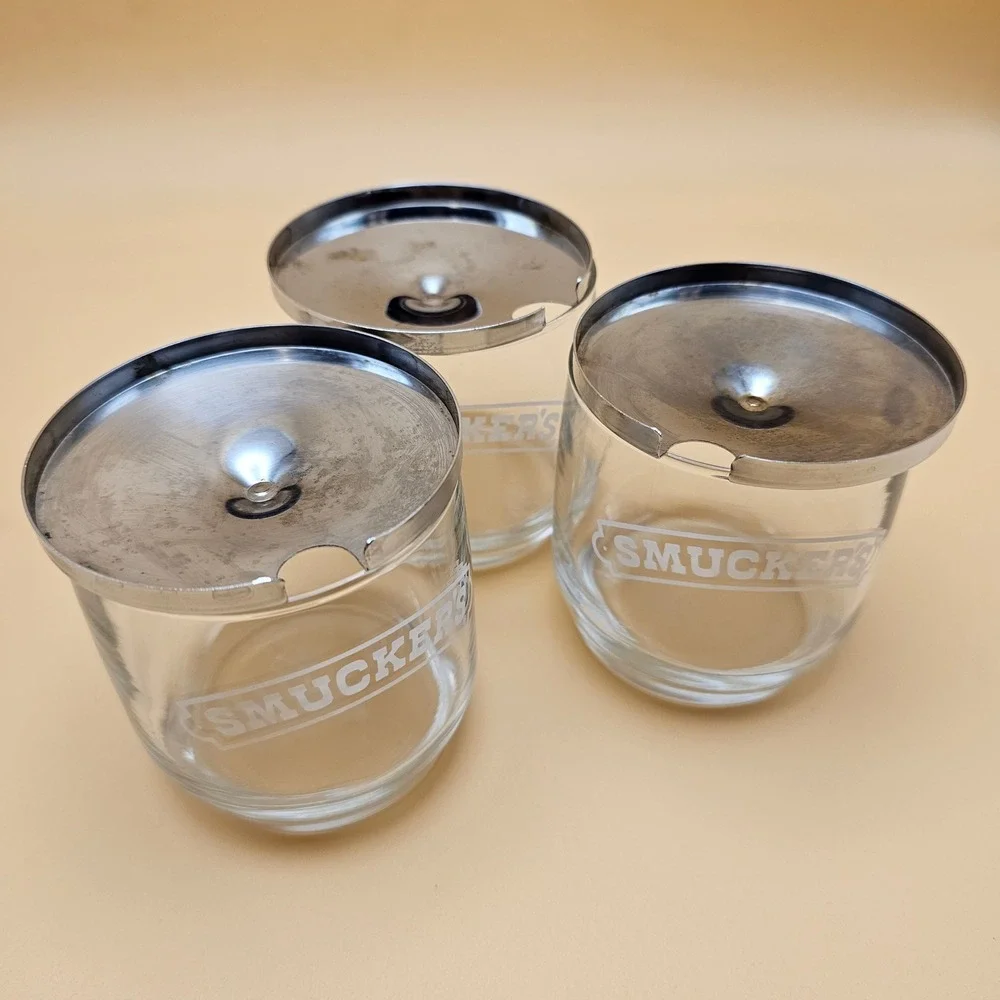 Vintage Smuckers‎ Glass Jam Jelly Condiment Jars Set of 3 with Metal Caddy